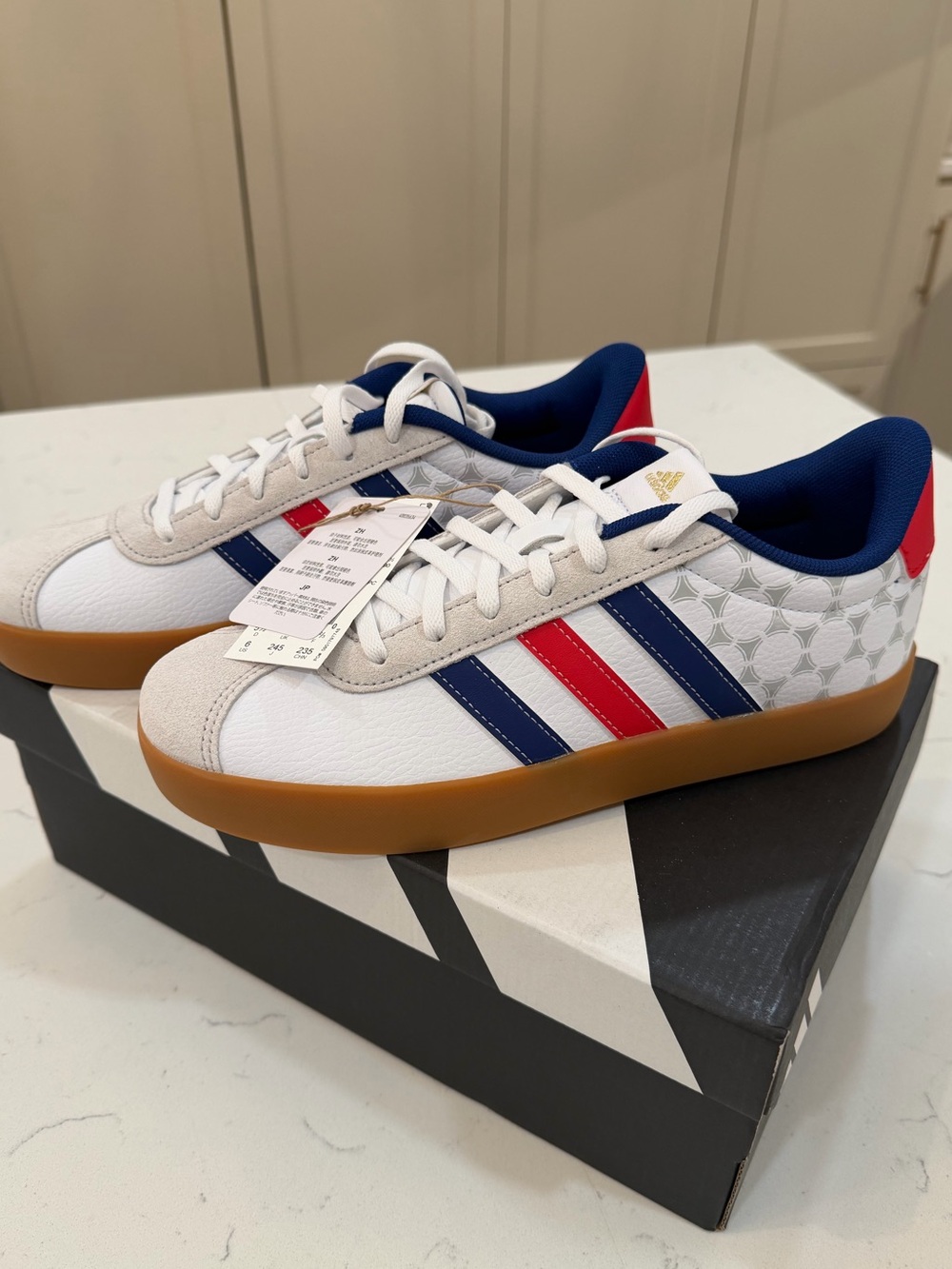 adidas White, Blue & Red Low-Top Sneakers- Youth 6